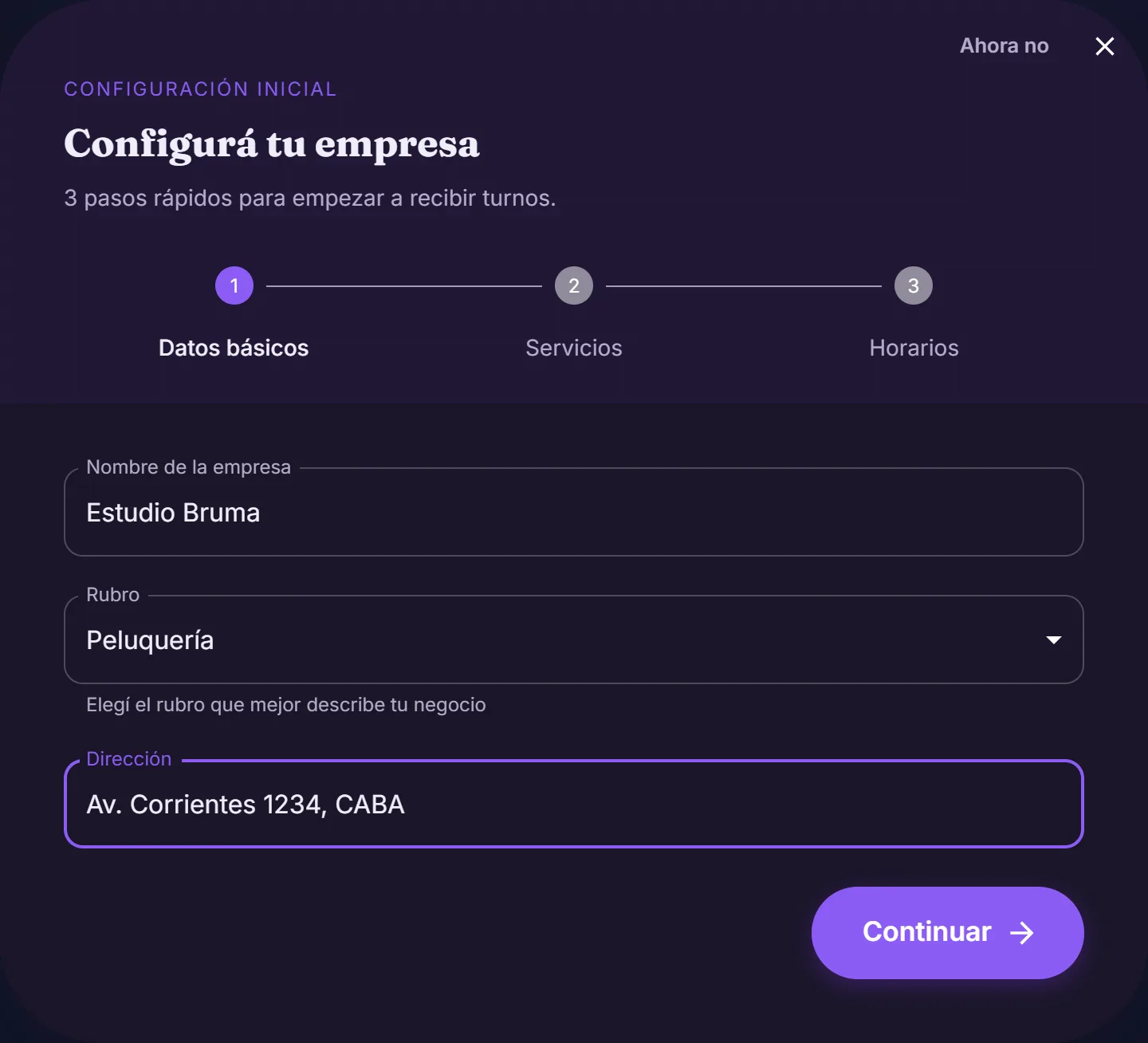 Configurá tu negocio: Nombre y rubro