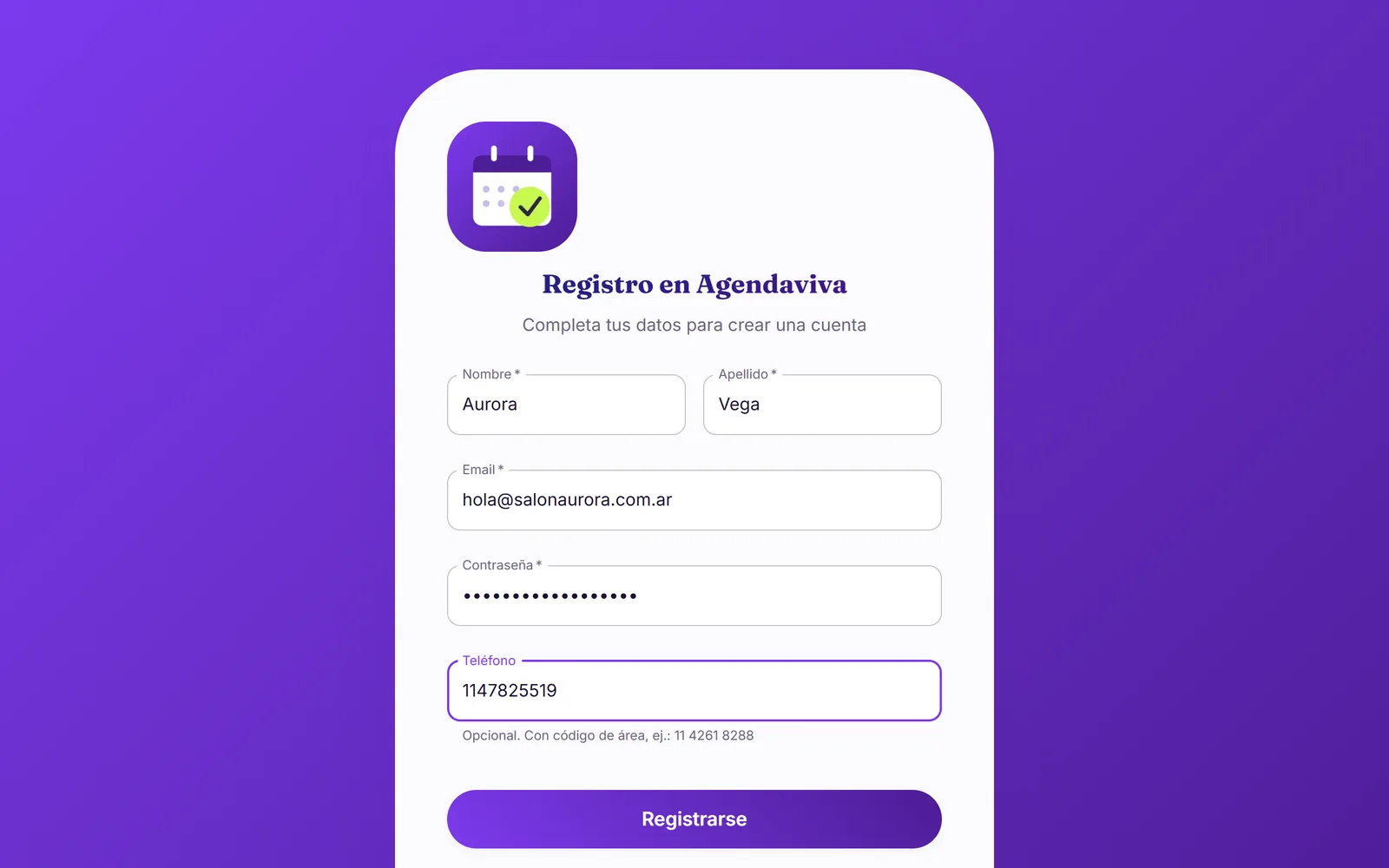 Formulario de registro completado