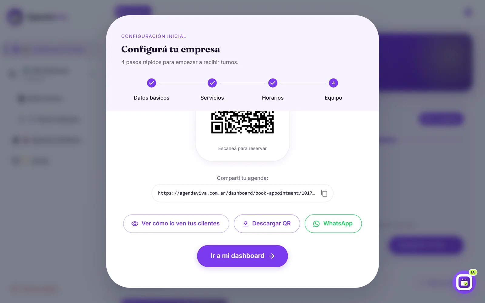 Pantalla final del asistente con el código QR y el link para compartir