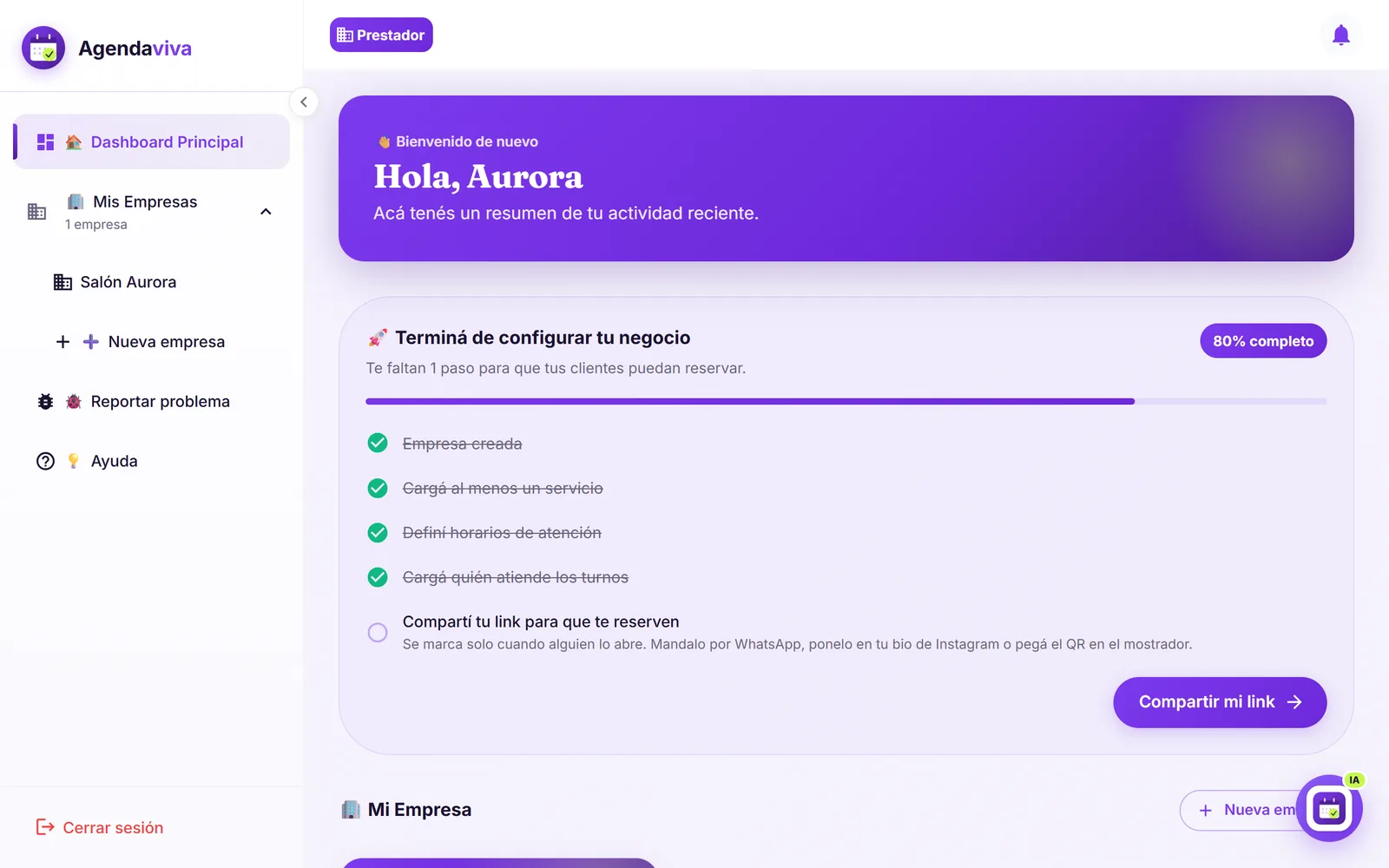 Tablero principal con la lista de configuración