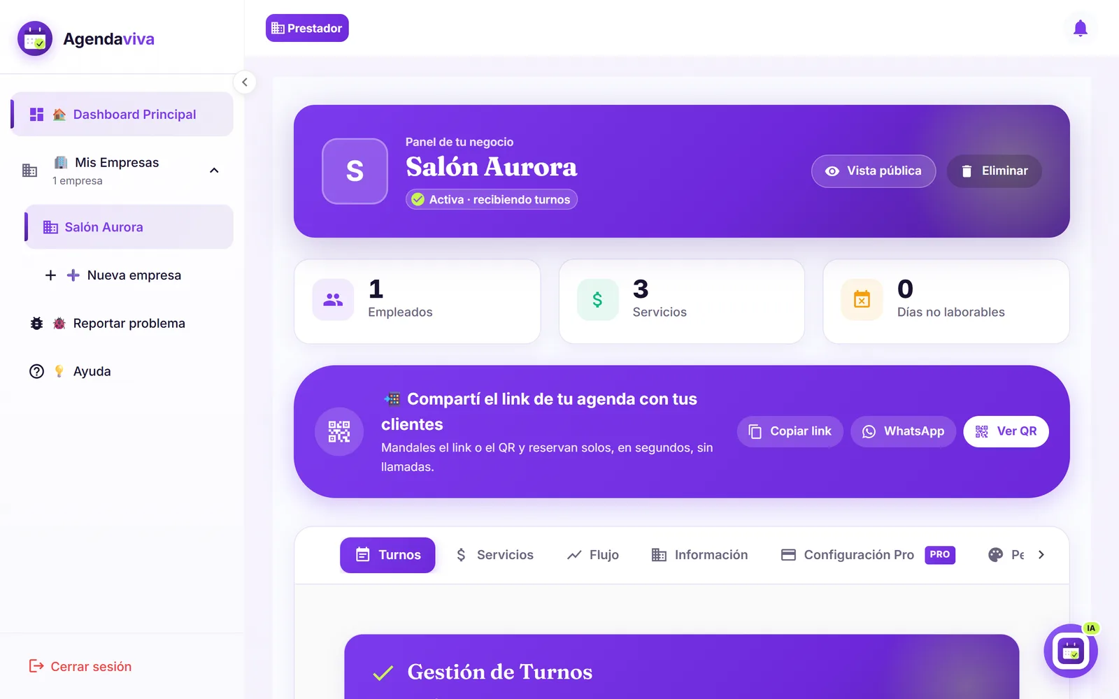 Panel de la empresa con sus pestañas