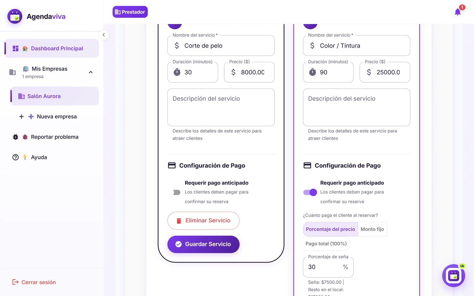 Editor de servicios con el pago anticipado activado y una seña del 30 por ciento