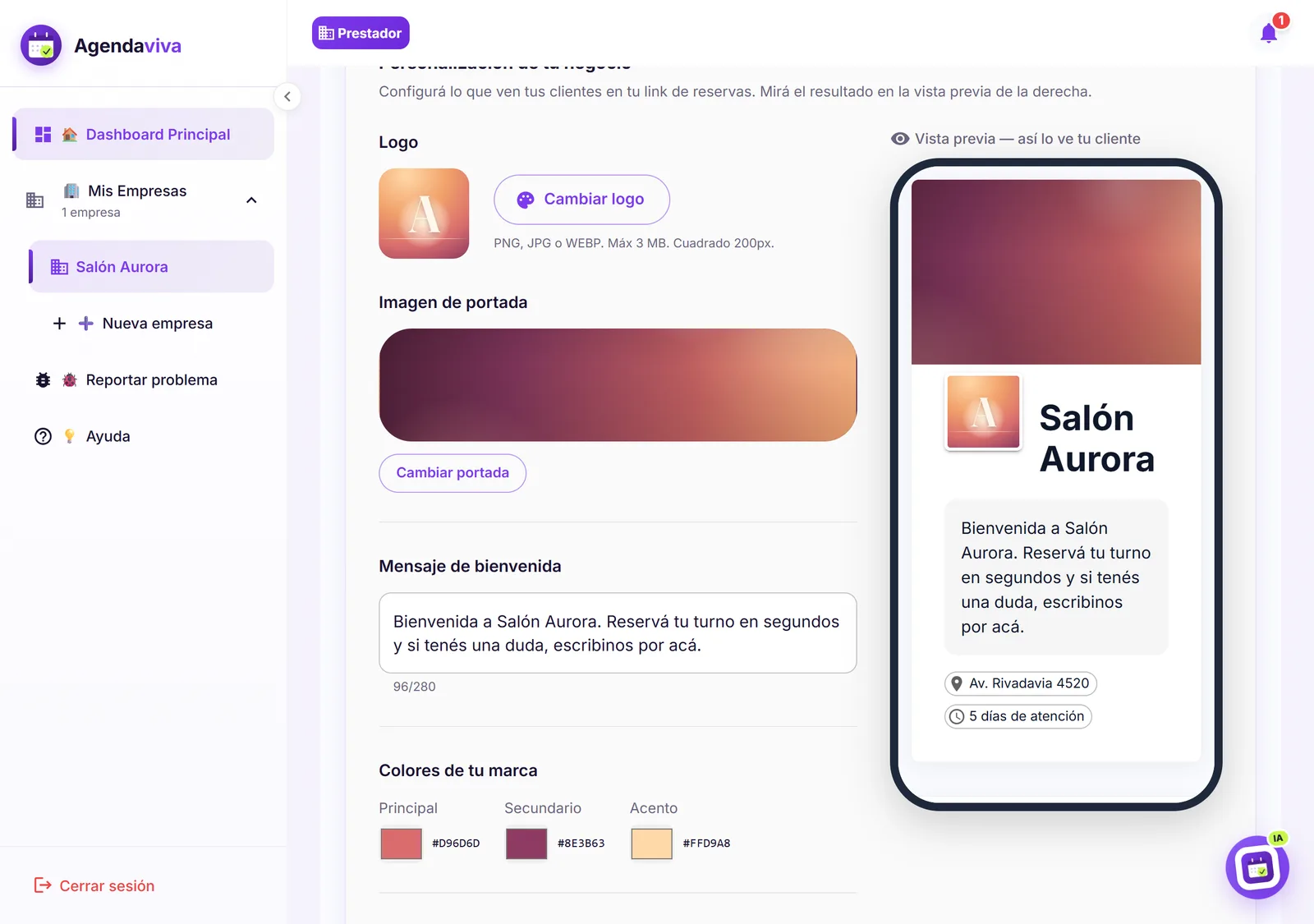 Pestaña de personalización con el logo, la portada, los colores y la vista previa