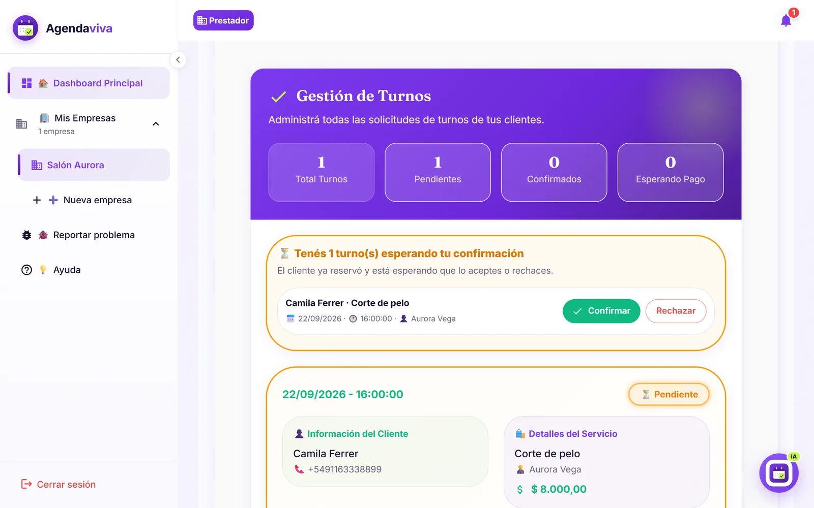 Panel de turnos con un turno esperando confirmación y los botones Confirmar y Rechazar