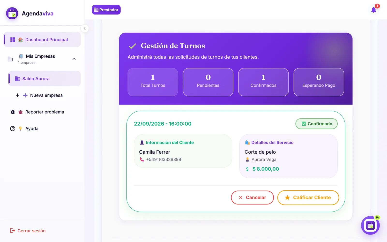 El mismo turno, ya confirmado, en el panel
